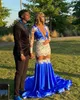 Royal Blue Mermaid Lace Evening Dresses Sexy Deep V Neckline Long Sleeves African Prom Gowns Appliqued Sweep Train Formal Dress