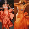 2022 Plus Size Arabic Aso Ebi Orange Mermaid Sexy Prom Dresses Pärled Satin Evening Formal Party Second Reception Birthday Engagement Gowns Dress ZJ207