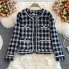 Nouveau design femmes automne lurex patché tweed laine bloc de couleur plaid motif à manches longues veste manteau ML