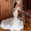 Prachtige lange mouwen trouwjurken Lace Applique Illusion Mermaid Sheer Neck Sweep Train Custom Made Wedding Jurk Vestido de novia bruidsjurken