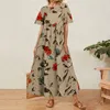 Vintage Floral Long Dres Summer Elegancki lniany krótki rękaw Boho Maxi Sukienka Kobieta wakacyjna sukienki na imprezę Sundress Vestidos 220530