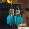 Boucles d'oreilles plumes blanches en forme d'éventail de cour rétro Boho Ethnic Long Indian Gland Dangle Boucles d'oreilles Bijoux de vacances