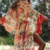 Bohemian Floral Printed Front Open Summer Women Beach Wear Wrap Dress Chiffon Tunika Sexiga Sarongs Robe de Plaage Pareo Q751 220514
