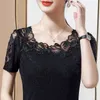 M-4XL Mulheres T-shirt Lace Hollow Bordado Malha Tops Moda Casual Manga Curta Perfuração Camisa das Mulheres Blusas 220408