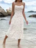 Casual Dresses Merodi Chic Lady Elegant Beach Style Flower Print White Long Slit Dress Summer Womens Vintage High midje Frankrike Holiday Dress