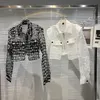 New fashion women's turn down collar letter print gauze sexy perspective long sleeve short jacket coat