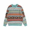 HOUZHOU Men's Knitted Vintage Graphic Sweater with Pattern Brown Blue Pullovers Sweaters and Jumpers Korean Streetwear Harajuku 220812