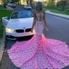 Fashion Pink Mermaid Beaded Prom Dresses Appliqued Strapless Neck Evening Gowns Ruffled Sweep Train Satin Custom Made Formal Dress