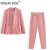 Wesay Jesi Womens Fashion Blazer Office Suit Pantsuit Simple Solid Color Suit Collar Long Sleeve Trousers 2 Piece Set Blazer 220509