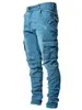 est Europe Jeans Men Pencil Pants Casual Cotton Denim Ripped Distressed Hole Fashion Pants Side Pockets Cargo 220726