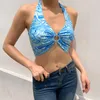 Tanques de mujer Camis Sexy Satén Crop Tops Chalecos Paisley Halter Camisolas Playa Sin espalda Fiesta inalámbrica Slim Fit Con cuello en V Azul Verano Casual W