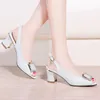 Sandaler Leather Women's 2022 Summer Mesh With Fishmouth Shoes Thick Ladies Mothers High Heels White Rhinestone Hollowsandals