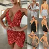 Kvinnor S Spaghetti Strap Deep V Neck Sequin Glitter Kort klänning Sparkly BodyCon Evening Party Club Wear 220521