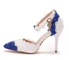 Cristal Rainha Mulheres Sandálias Altos Saltos Azul Laço De Laço Sapatos De Casamento Pontilhas Pérolas De Pérolas De Toe 220402