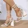 Sandals Pzilae 2022 New Sexy Green Mesh Pumps Female Square Toe e High Heel Lace Up Crosstied Hollow Dress Shoes 220704