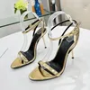 Fashion High Heel Sandals Women Shoes Gold Padlock Denim Luxury Designer Dress Shoes Thin Strap Stiletto High Quality Women Sandals 35-42