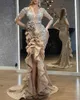 Plus Size Gold Sequins sjöjungfrun Prom -klänningar Eleganta långa ärmar Kvällsklänningar 2022 av axelkvinnor Högdelad formell klänning