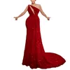 2022 abito da sera rosso sottile con paillettes moda One Shouler scava fuori elegante cocktail vestido abito da festa donna