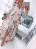 Fashion V-Neck Wrap Pleated Party Maxi Dress Sexy Retro Floral Print Slit Dress Mujer Women Summer Long Sleeve Print Boho Dress Y220418