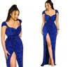 Abiti da ballo con paillettes blu royal con maniche ad aletta con spacco Abiti da sera da sera formale Robe De Soiree