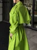 Lautaro Spring Autumn Long Overdized Bright Green Faux Leather Trench Coat for Women Belt Loose Stylish Luxury Designer Clothing 220804