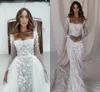 Pallas Couture Mermaid Beach Suknie ślubne z odejmowanym pociągiem 2022 Square Szyja długoterminowy 3D Kwiacyjny Trąbe Suknie ślubne