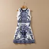 2022 Summer Sleeveless Round Neck Paisley Print Jacquard Paneled Short Mini Dress Elegant Casual Blue and White Porcelain Dresses 22Q151633