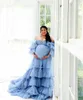 Robes de bal de maternité bleues pour la photographie chérie jupes à plusieurs niveaux robe de maternité Photoshoot tenue Maxi robes grossesse