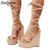 Sorbern Naken Fake Suede Kvinnor Sandaler Gladiator Style Slingback Sommarskor Wedges Platform Anpassade färger