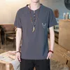 Yasuguoji Summer MensショートスリーエレブティシャツコットンとリネンカジュアルメンズTシャツ男性の通気性Tシャツ男性W220615