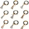 Mode Rosted Trä Bead Armband Keychain Party Favor Mönster Tassel Pendant Armband Kvinnor Tjej Key Ring Wrist Strap 7 Färger AA