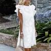 Moda verão mini vestido feminino casual cor sólida o pescoço plissado design manga curta praia festa senhoras vestido branco