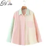 Hsa Coreano Moda Estate Pathwork Manica lunga da donna Camicia in cotone abbinata ai colori 6918 vestiti per le donne Camicie estive 210716