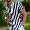 Man Stylish Button Blouse Summer Casual Tops Masculina Fashion Striped Men Shirts Short Sleeve Stand Collar Shirt 5XL 7 W220315