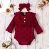 3-piece Baby Clothing Sets Girl Heart Print Ruffled Bowknot Design Long-sleeve Ribbed Romper Elasticized Pants and Headband Set 1055 E3