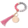 Keychains Womens Keyrings Wood Blank Disc Wristlet Key Ring Holder Silicone Bead Tassel Armband Bangle Keychain Enek222938