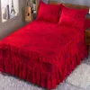 Three-layer Lace Wedding Red Soft Bed Skirt Summer Cotton Bed Cover Skirt King Queen Size With Pillowcase 2 Pcs 220525