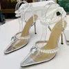 サンダル先の尖ったつま先シルクサテンハイヒールポンプ女性クリスタルパールチェーン装飾足首ストラップセクシーな結婚式の花嫁靴2023SANDALS
