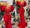 Aso Plus Size Árabe Ebi Vermelho Sereia Vestidos de Baile de Renda Ruched Puffy Mangas Curtas Frisadas Sheer Neck Veet Noite Formal Vestidos de Festa Segundo Vestido de Recepção