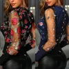 Women's Blouses Shirts Sexy Women Spring Fall Embroidery Floral Tops OL Elegant Mesh See Through Puff Long Sleeve Patchwork Outwear 220913