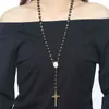 Meaeguet noir/or couleur Long chapelet collier pour hommes femmes en acier inoxydable perle chaîne croix pendentif femmes hommes cadeau bijoux