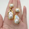 White Keshi Gold color Plated Stud Earrings Nucleated Flameball Baroque Pearl earrings luxury wedding for women