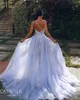 Lavender Side Split Mermaid Prom Dresses One Shoulder Neckline Evening Gowns Beaded Overskirt Sweep Train Tulle Appliqued Formal Dress