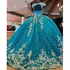 Hunter Green Sequined Crystal Ball -klänning Quinceanera klänningar Guldapplikationer 3D Flowers Tassel Corset Sweet 15 Girls Party