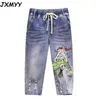 Brevtryck Elegant Plus Size Women's Korean version av Thin Denim Croped Pants Loose Stretch Pants Summer 210412