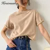 Hirsionsan 100％コットン特大Tシャツの女性Harajuku基本的な緩い短袖Tシャツ柔らかい女性ソリッドトップKhaki Summer Jumper 220525