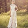 Jumpsuits Neck Wedding Dress Short Sleeve Illusion Lace Appliques Button High Quality Bride Gown Vestidos De Soiree BES121