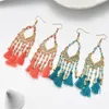 Kvinnors Fringe Örhängen Bohemian Hollow Drop Oil Rice Pärlor Dangle Örhängen Kvinna Fanformad Etnisk Stil Tassel Örhängen