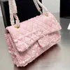 25CM Ladies Mini Flap Crossbody Designer Bags Pink and White Tweed Multi-color Classic Handbags Gold-Tone Metal Chains Contrasting252g