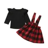 感謝祭の赤ちゃんガールズ服セットフリル長袖Tシャツトップス+チェックされたオーバーオールスカート2個/セットプリンセスパーティー服装